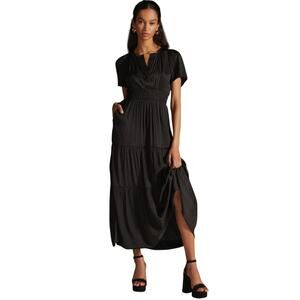 Anthropologie Somerset Satin Maxi Dress Black 2X Plus Size Tiered Flowy Pockets